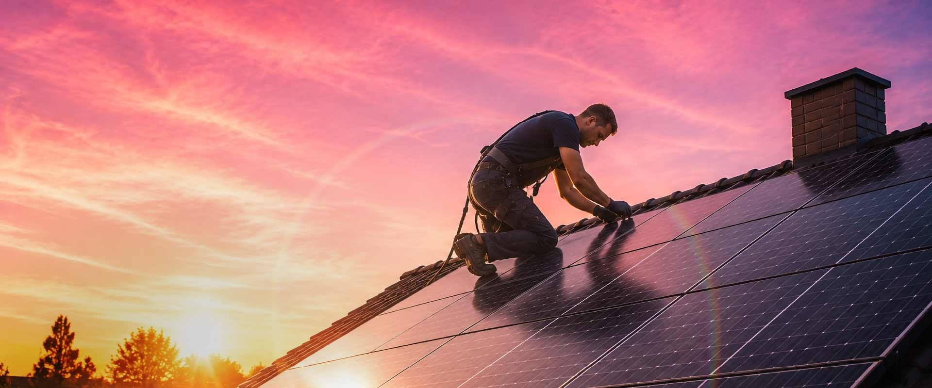 Installateur legt zonnepanelen op een dak bij zonsondergang