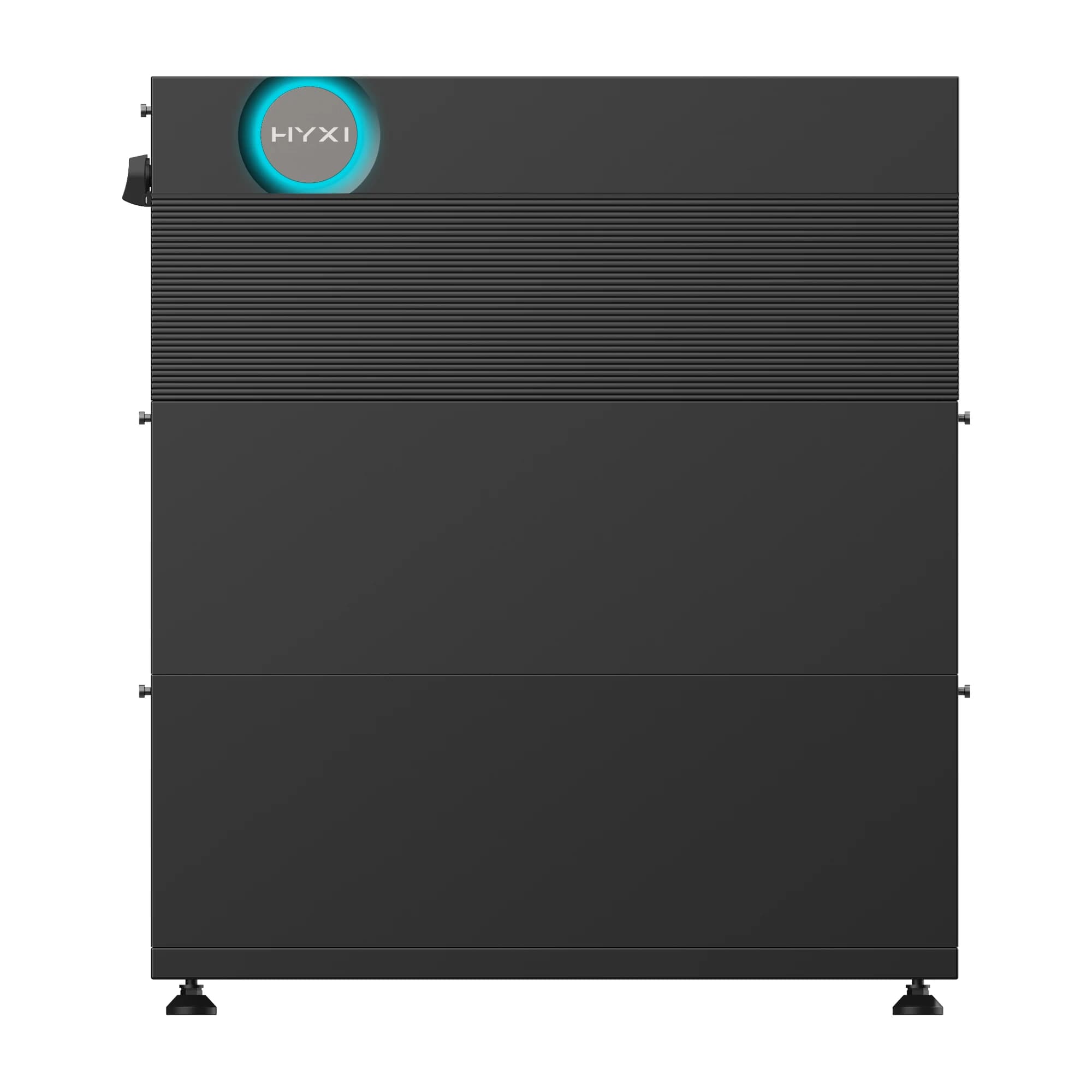 HYXI Aura 12 kW 18 kWh: HYX-H12K-HTA2-omvormer op 2 BAT-Q9-modules en AIO Floorbase, vooraanzicht (officiële HYXI-render, 2-modulestack)