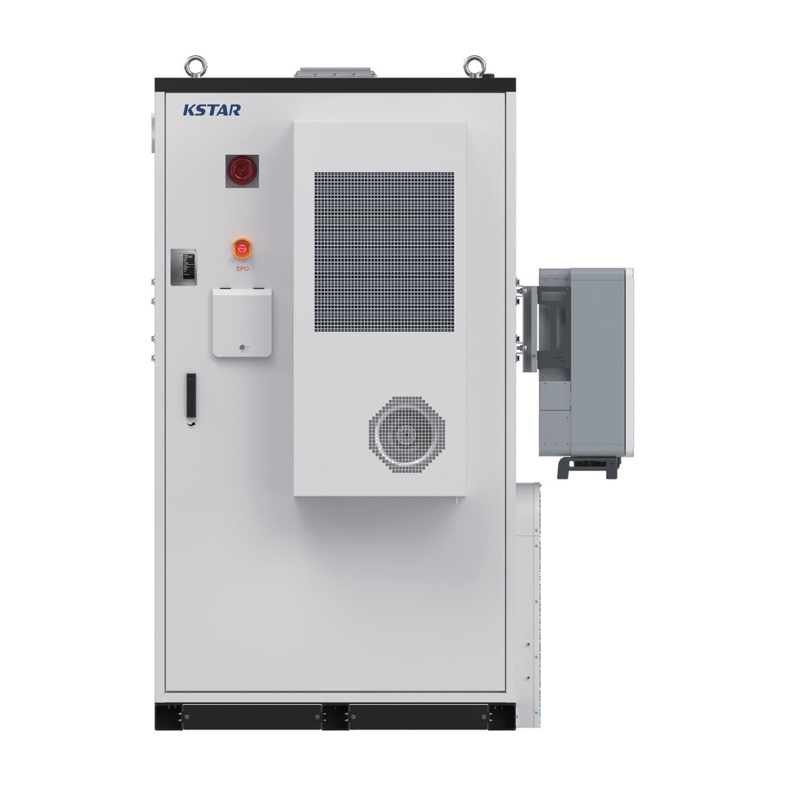 KSTAR BluePulse BC-DE2 buitenbatterijkast vooraanzicht met zijdelings gemonteerde omvormer