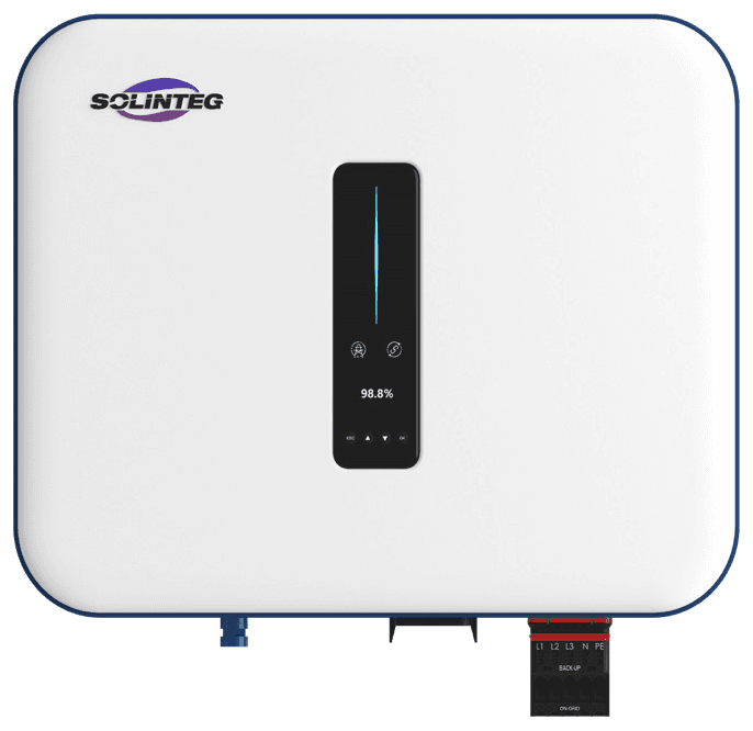 Solinteg M2HT-10K-30-AC driefase hybride omvormer (AC-gekoppeld), vooraanzicht; onderaan alleen BAT-, COM- en AC-aansluitingen, geen PV-connectoren